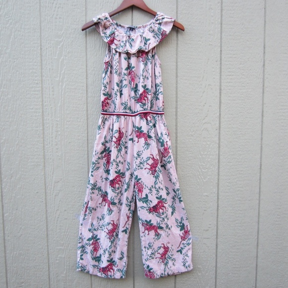 Tommy Hilfiger Jumpsuits Womens 14 Pink Novelty Tiger Ruffle Neck Elastic Pullon - Picture 1 of 14